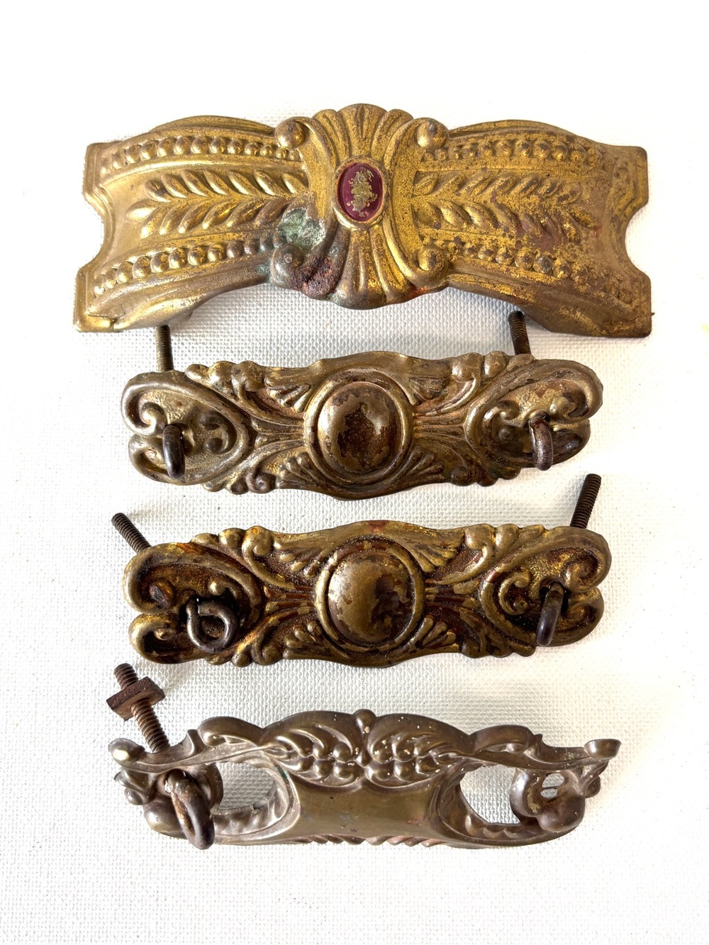 Drawer Pulls Antique Stamped Brass Back Plates Escutcheon 1900s Lot Of 4